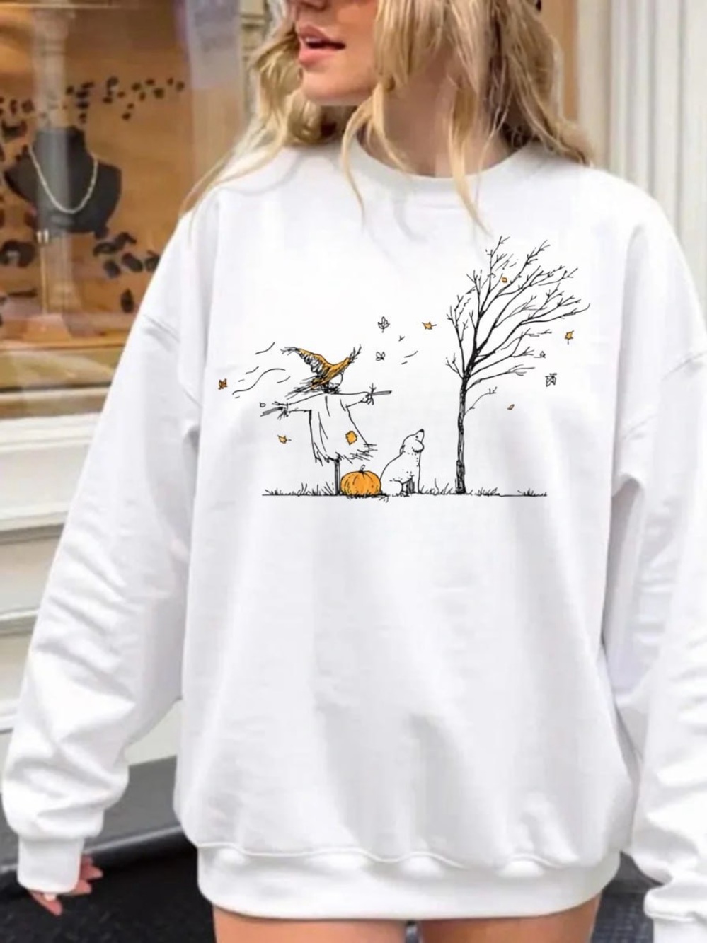 White Sweatshirt with Autumn Scarecrow, Pumpkin & Dog Graphic